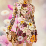 Floral Embroidery Elegant Luxury Women Mini Dress Half High Collar