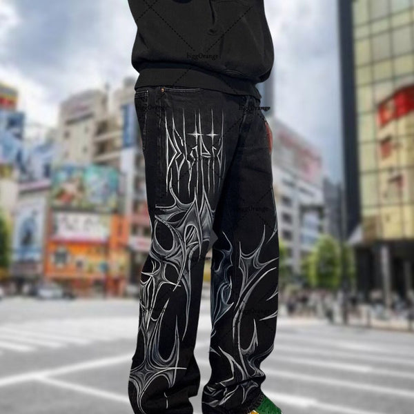 Gothic Trendy Jeans Men's Retro Punk Dark Loose Wide-leg Pants Y2K Street Harajuku Casual Straight Jeans