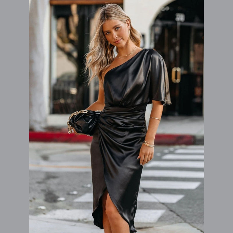 Black Satin One Shoulder Dress | One Sleeve Dress Parties Style