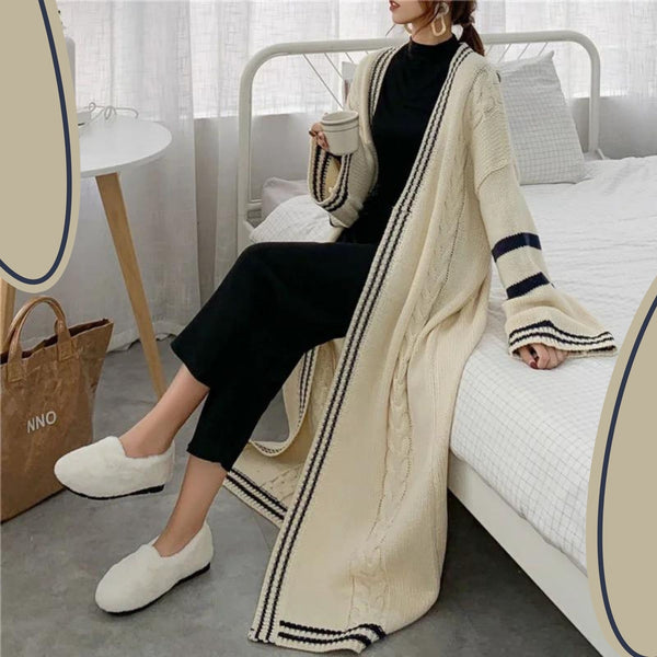 LANMREM 2024 Spring New Long Style Cardigan For Women Loose Striped Patchwork Casual Knitted Sweater Popular Coat PC425