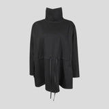 [EAM] 2024 New Spring Autumn High Collar Long Sleeve Black Loose Pocket Drawstring Big Size T-shirt Women Fashion Tide JQ017