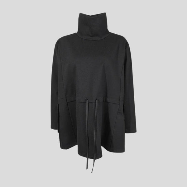 [EAM] 2024 New Spring Autumn High Collar Long Sleeve Black Loose Pocket Drawstring Big Size T-shirt Women Fashion Tide JQ017