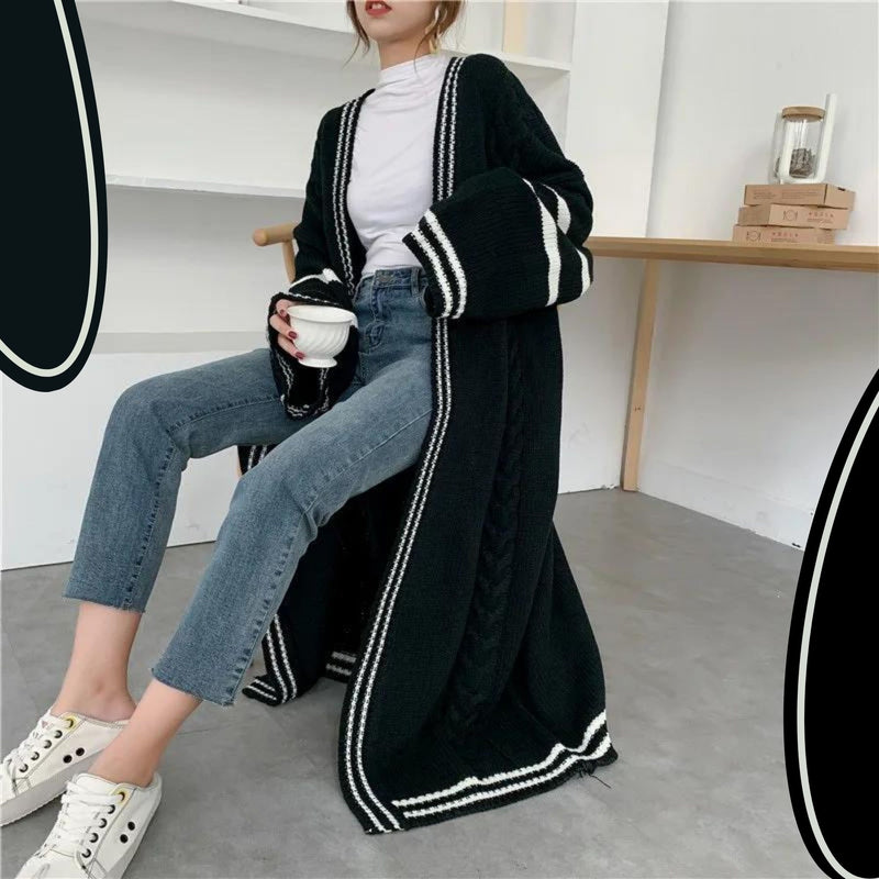 LANMREM 2024 Spring New Long Style Cardigan For Women Loose Striped Patchwork Casual Knitted Sweater Popular Coat PC425