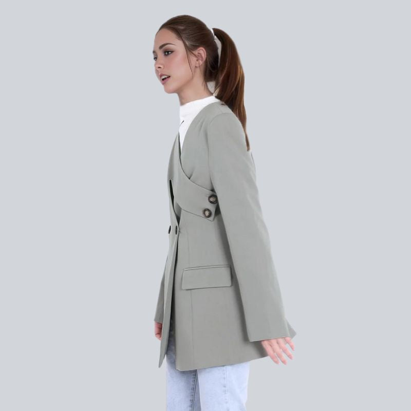 DEAT Fashion Women's Blazer V-neck Deconstruction Side Button Waist Long Sleeve Gray Suit Jackets Spring 2024 New Tide CPDB002