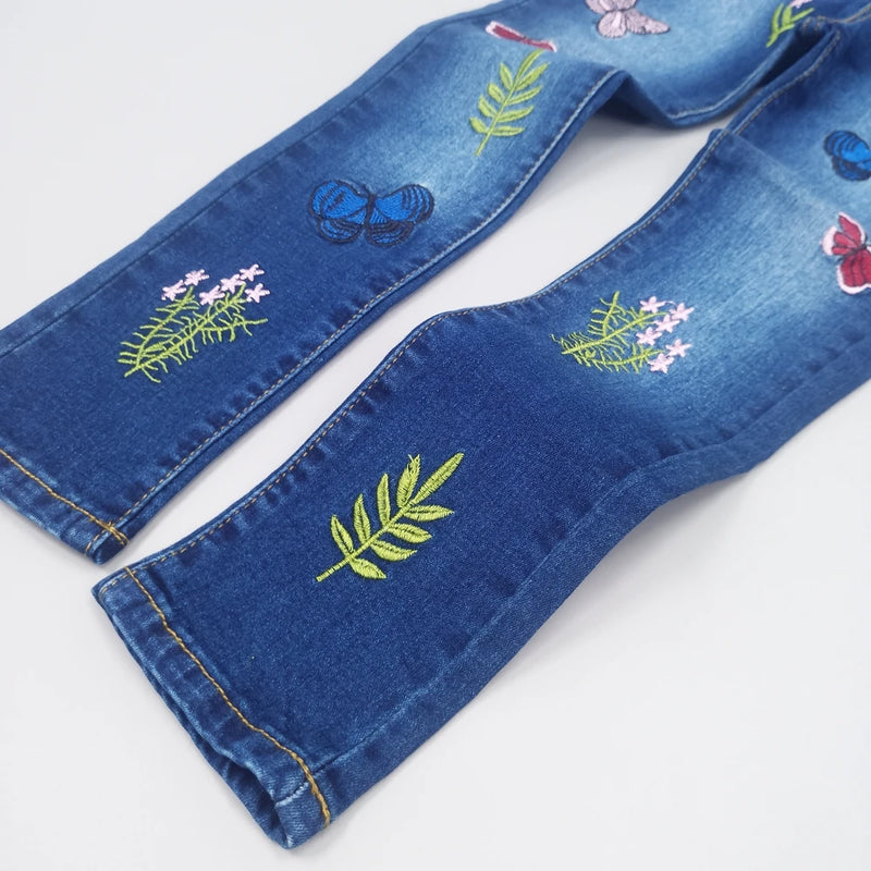 4-15T Girls Jeans For Teenage Kids Pants Children Denim Trousers Blue Stretch Embroidery Flowers Teen Clothes Spring Clothing