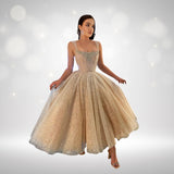 Elegant Champagne Sleeveless Scoop Beaded Sparkly Tea-Length Sequined Ball Gown