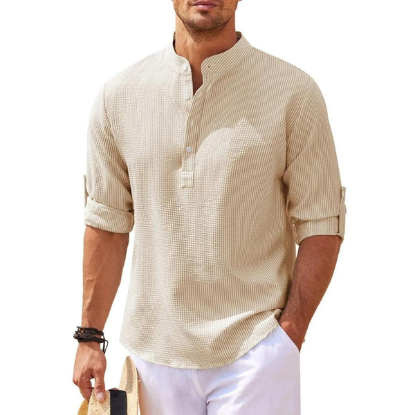 Cotton Linen Hot Sale Men's Long-Sleeved Shirts Spring Autumn Solid Color Stand-Up Collar Casual Beach Style Plus Size S-5XL