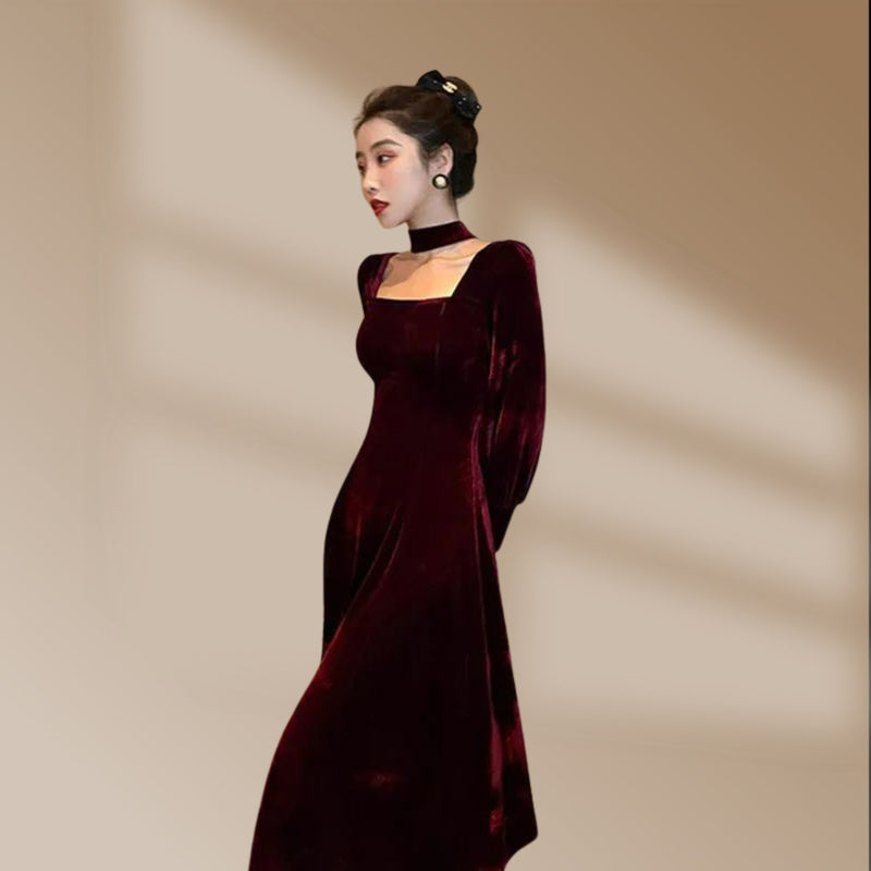 Women French Retro Vintage Square Collar Waist Office Lady Wine Red Golden Velvet Autumn and Winter Female Clothing