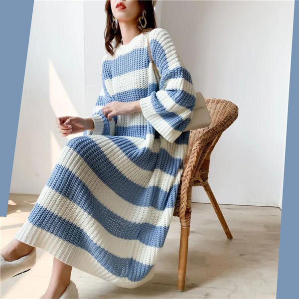 LANMREM Stripe Crew Neck Pullover Sweater Women 2024 autumn winter New Loose  Vintage Long Knit Dress Female PC442