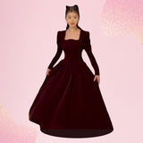 French Vintage Christmas Red Velvet Dress Square Collar Evening Party Prom Vestidos Women Elegant Autumn Winter Clothes