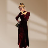 Women French Retro Vintage Square Collar Waist Office Lady Wine Red Golden Velvet Autumn and Winter Female Clothing