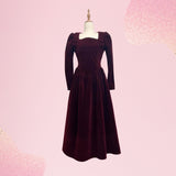 French Vintage Christmas Red Velvet Dress Square Collar Evening Party Prom Vestidos Women Elegant Autumn Winter Clothes