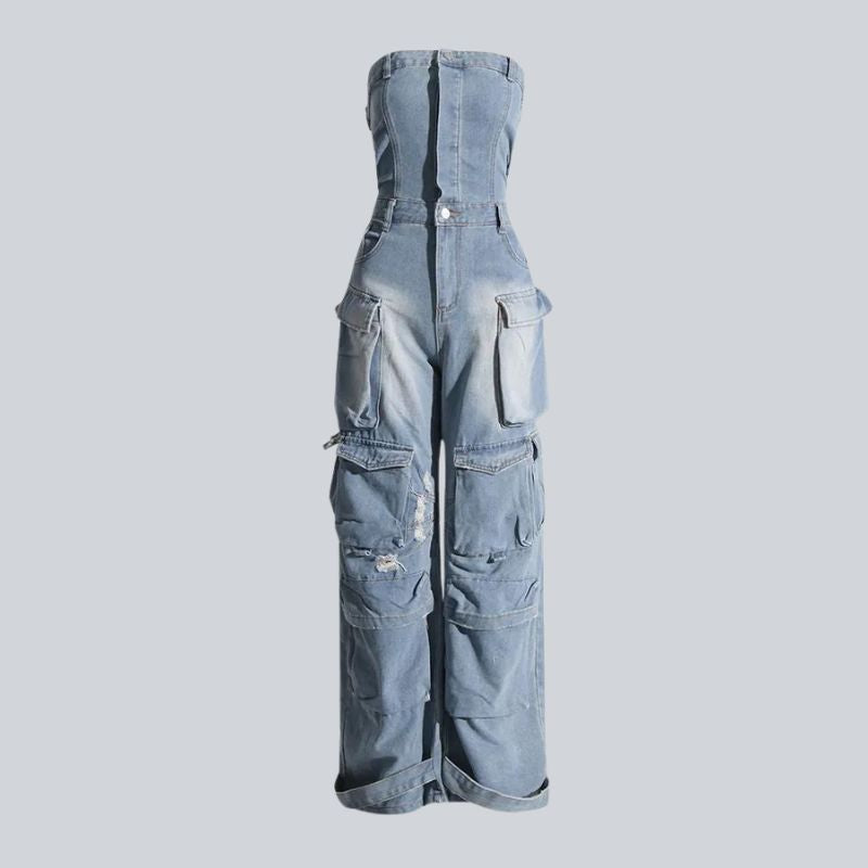 DEAT Women's Jumpsuit High Waist Strapless Multiple Pockets Solid Color Cargo Ripped Denim Pants 2024 Summer New Fashion