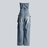 DEAT Women's Jumpsuit High Waist Strapless Multiple Pockets Solid Color Cargo Ripped Denim Pants 2024 Summer New Fashion