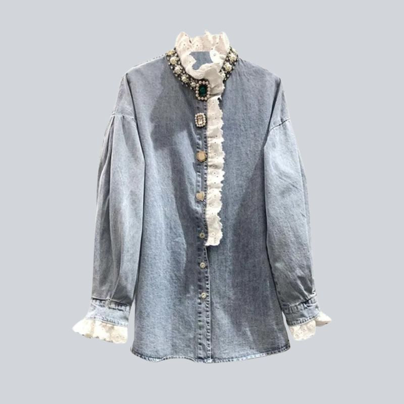 DEAT Women's Deinm Shirt Loose Patchwork Lace Pearls Buttons Embroidered Flares Elegant Blouse 2024 Summer New Fashion 29L5259