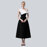 DEAT Strapless Dress Slash Neck Contrast Color Waist Retraction Zipper Mid-calf Women's Dresses Spring 2024 New Fashion 13DB3320