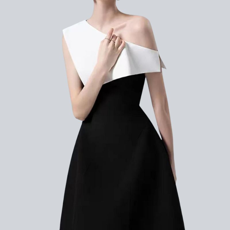 DEAT Strapless Dress Slash Neck Contrast Color Waist Retraction Zipper Mid-calf Women's Dresses Spring 2024 New Fashion 13DB3320