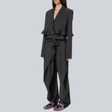 DEAT Fashion Women's 2 Pcs Set Notched Single Button Ruffle Lace Hem Irregular Wide Leg Pants Suit Winter 2024 New Tide