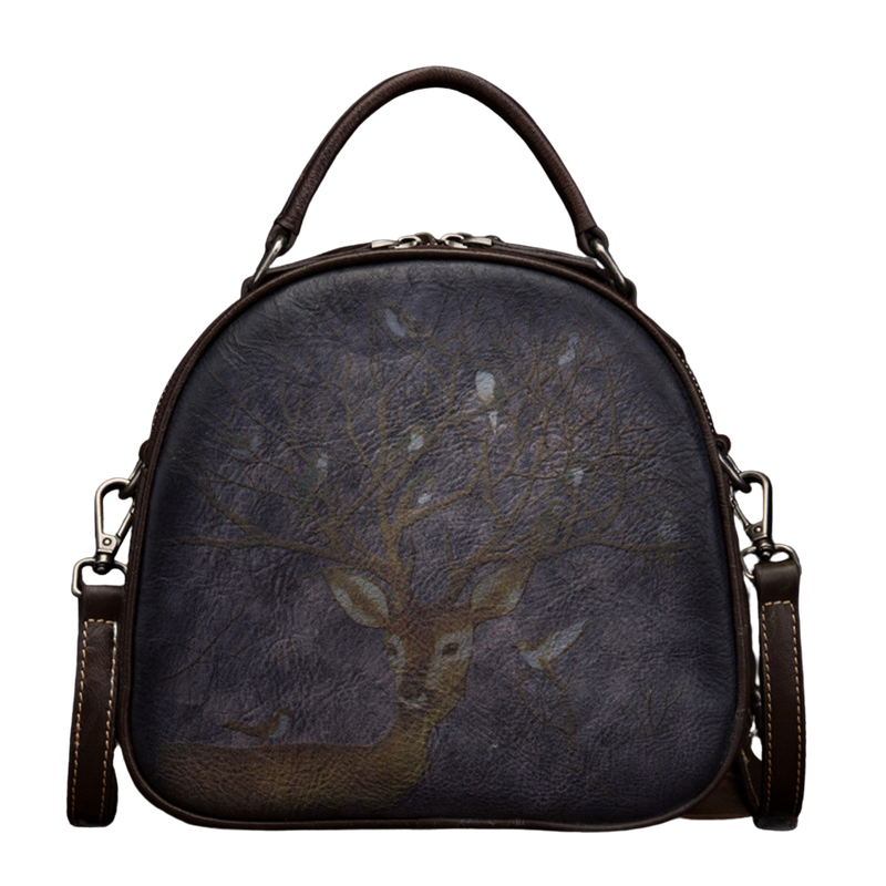 Retro Deer And Bird Hand-painted Leather Shoulder Bag