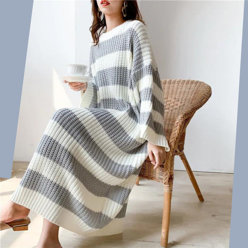 LANMREM Stripe Crew Neck Pullover Sweater Women 2024 autumn winter New Loose  Vintage Long Knit Dress Female PC442