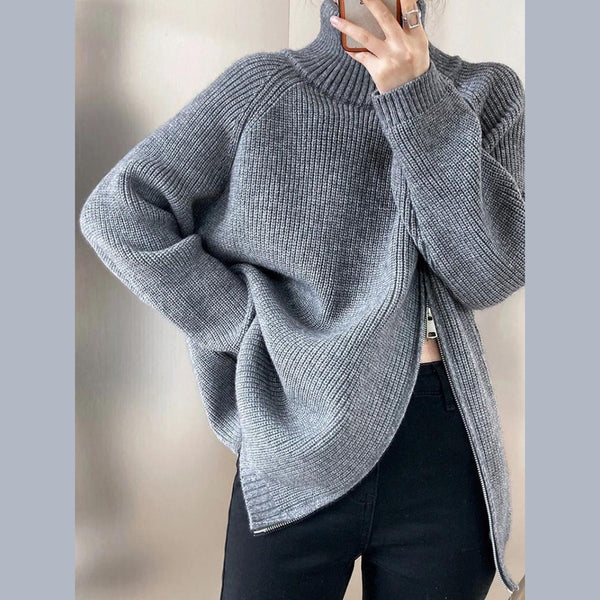 [EAM] Zipper Slit Big Size Knitting Sweater Turtleneck Long Sleeve Women Pullovers New Fashion Tide Autumn Winter 2024 1DF3058