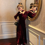 Women French Retro Vintage Square Collar Waist Office Lady Wine Red Golden Velvet Autumn and Winter Female Clothing