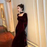 Women French Retro Vintage Square Collar Waist Office Lady Wine Red Golden Velvet Autumn and Winter Female Clothing