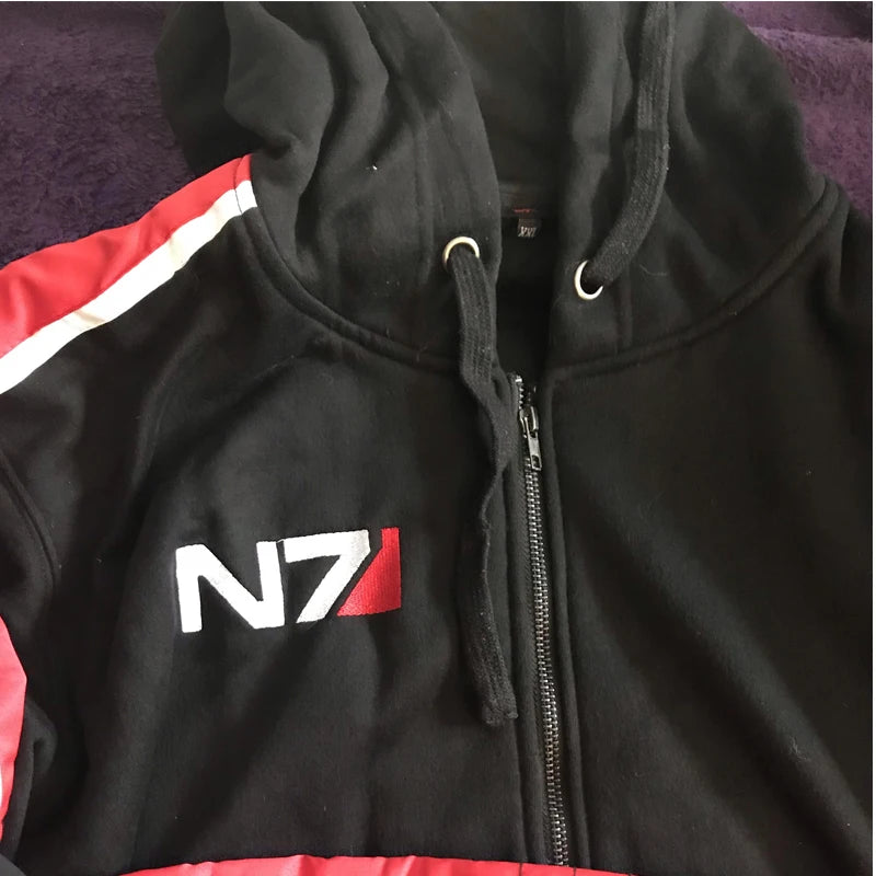 Cosplay N7 Mass Effect Zip Up Hoodie Men Black Anime Hooded Sweatshirt Women Embordery Fleece Thick Warm Sweetshirt Streetwear