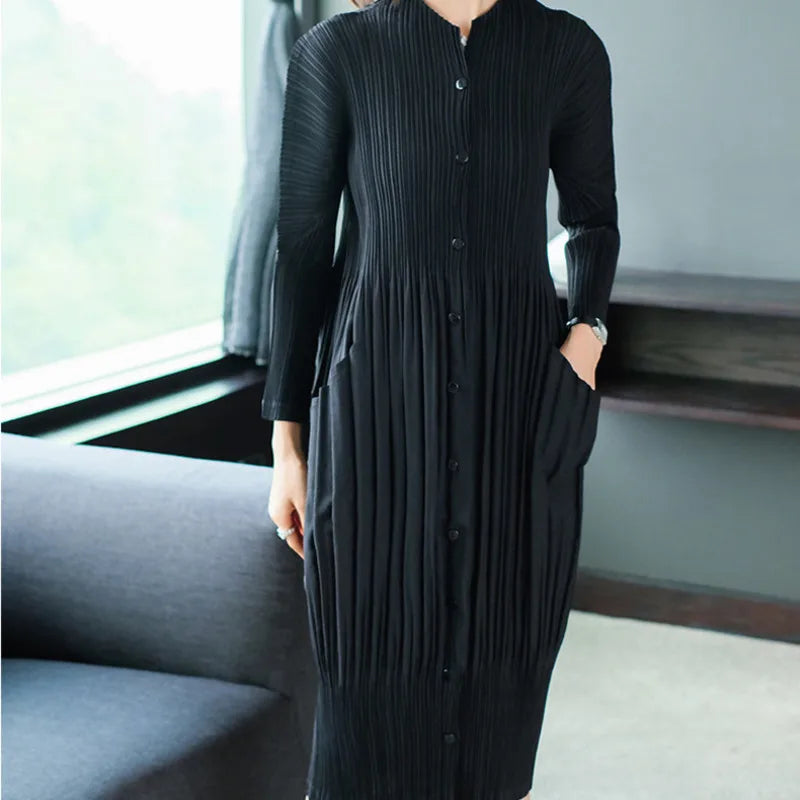 LANMREM 2024 High Quality New Pleated Clothing For Women Long Sleeve Stand Collar Doulble Pockets Loose Dress Vestido YF576