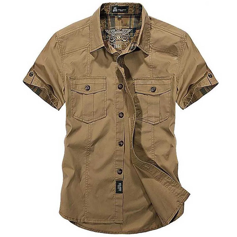 Fashion Cotton Casual Shirts Summer Men Plus Size Loose Baggy Shirts Short Sleeve Turn-down Collar Military Style Male Clothing