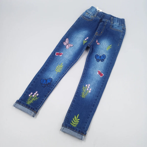 4-15T Girls Jeans For Teenage Kids Pants Children Denim Trousers Blue Stretch Embroidery Flowers Teen Clothes Spring Clothing