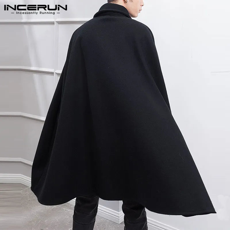 INCERUN Fashion Men Cloak Coats Solid Color One Button Lapel Cape Trench Streetwear Winter Faux Blends Overcoat Men Jackets