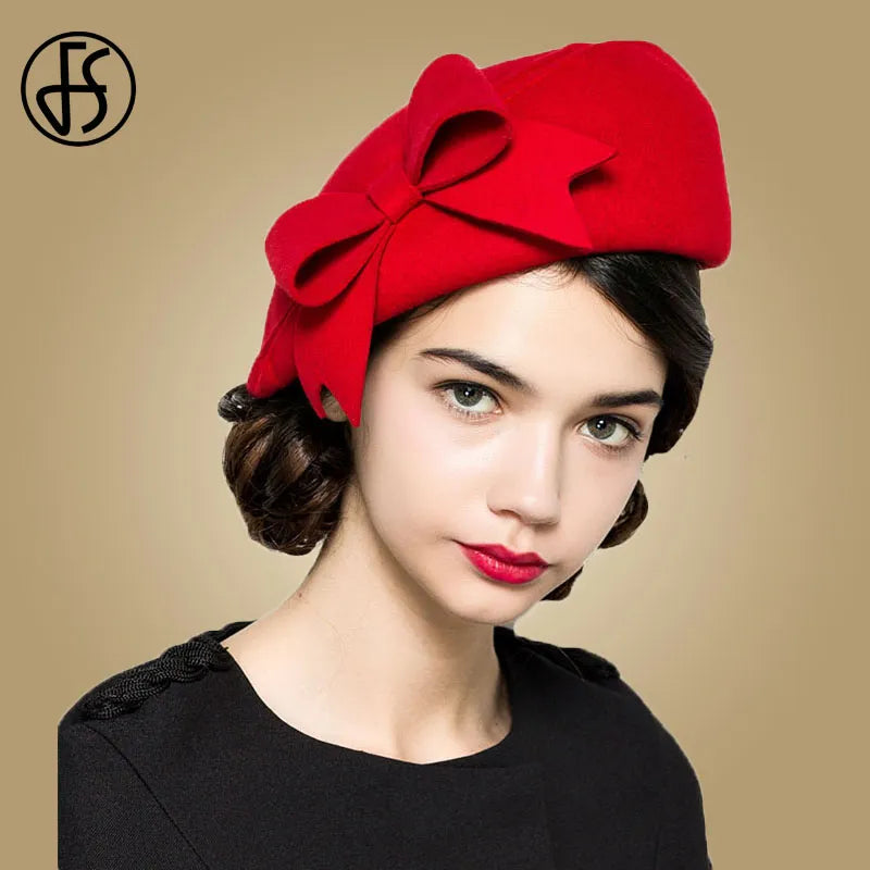 FS Elegant Beret Women's Wool Felt Fascinators Fedora Red Women Church Hats White Black Wedding Ladies Hat Bow Caps Pillbox Hat