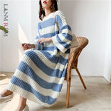 LANMREM Stripe Crew Neck Pullover Sweater Women 2024 autumn winter New Loose  Vintage Long Knit Dress Female PC442