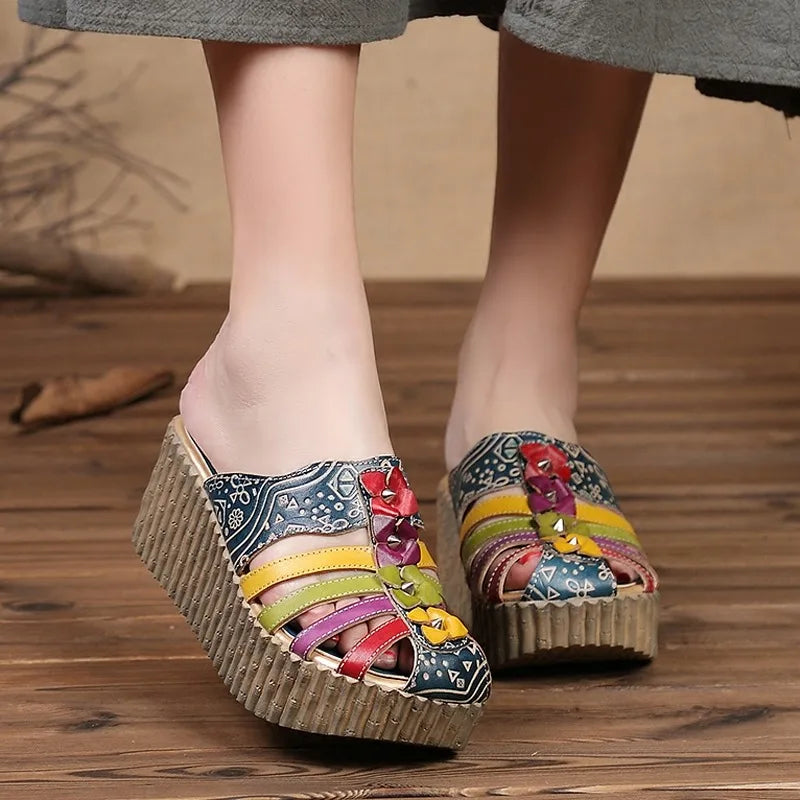 GKTINOO 2024 Summer New Hollow Out Handmade Shoes Women Slides Genuine Leather Cover Toes Flower Female Platform Wedges Slippers