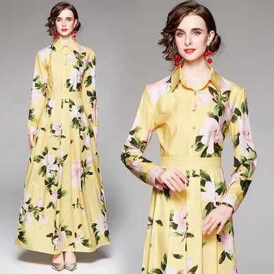 Banulin New 2024 Spring Long Maxi Dress Women's Turn Down Neck Long Sleeve Charming Floral Print Bohemia Casual Runway Dresses