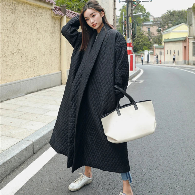 LANMREM New Street Thin Style Black Oversize Lapel Back Vent Button 2024 Female's Long Cotton Coat Jaqueta Feminina WTH1201