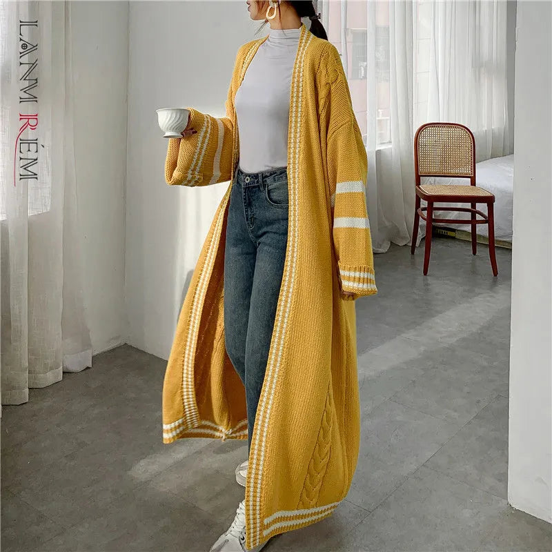 LANMREM 2024 Spring New Long Style Cardigan For Women Loose Striped Patchwork Casual Knitted Sweater Popular Coat PC425