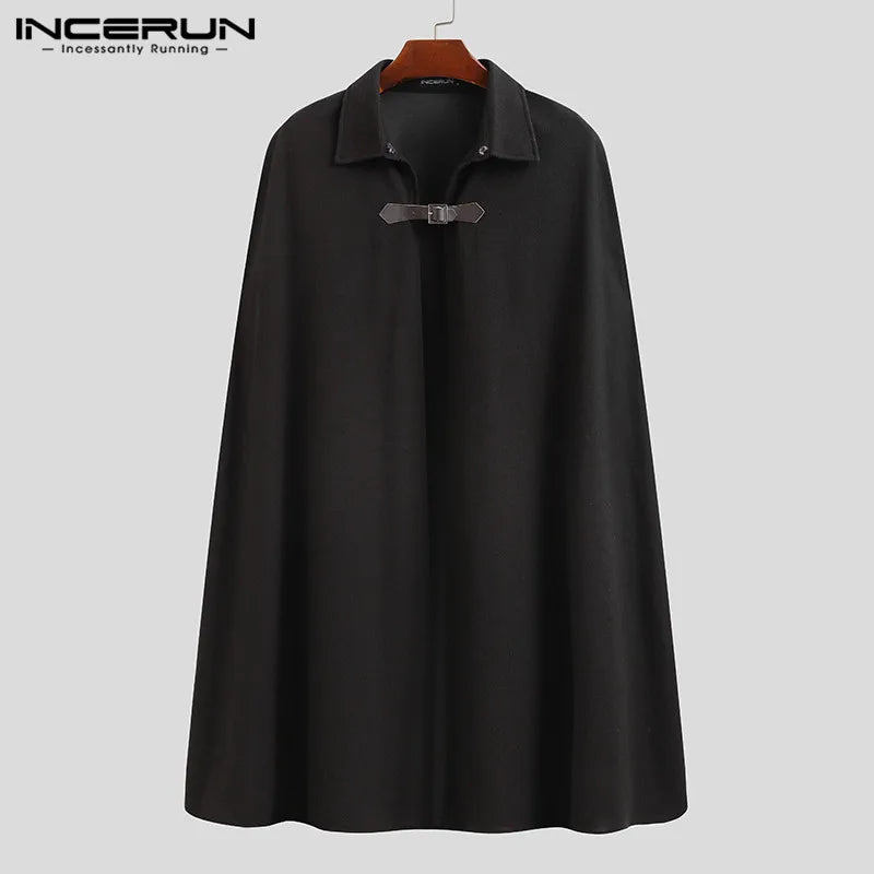 INCERUN Fashion Men Cloak Coats Solid Color One Button Lapel Cape Trench Streetwear Winter Faux Blends Overcoat Men Jackets