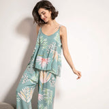 2024 Spring & Autumn Cartoon Sunflower Printed Women Sleepwear Light Blue Cotton Satin Pajamas Set Ladies Loose Thin Homewear