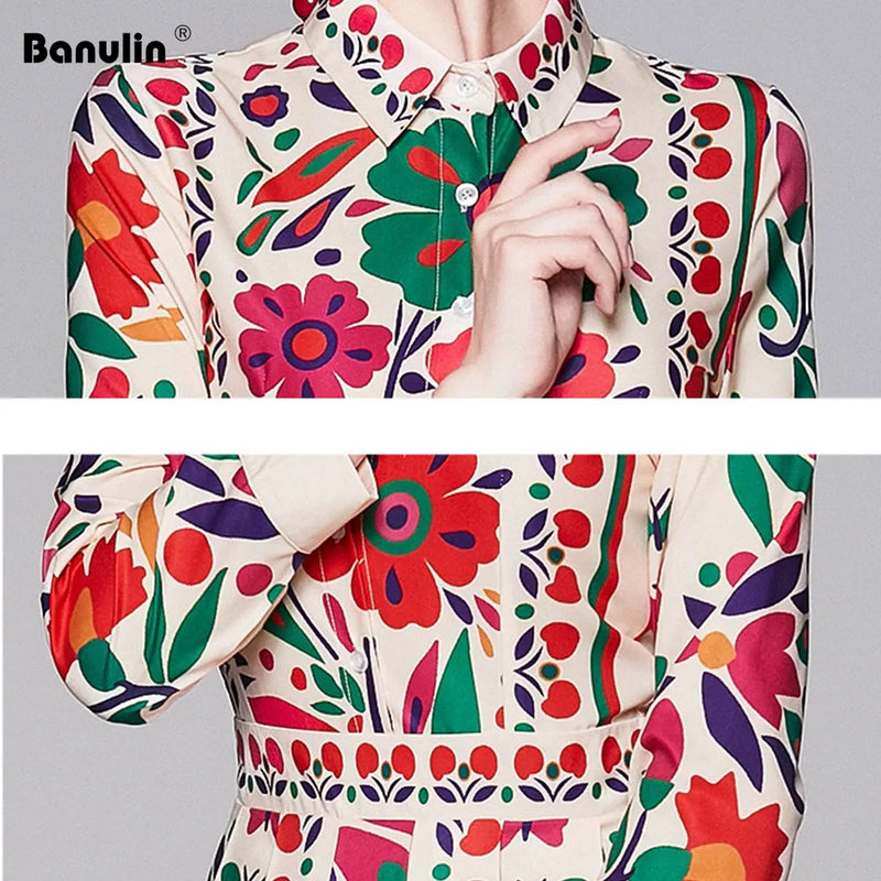 Banulin New 2024 Spring Long Maxi Dress Women's Turn Down Neck Long Sleeve Charming Floral Print Bohemia Casual Runway Dresses