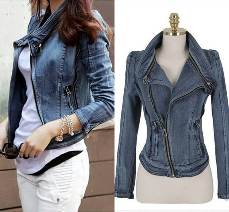 New Fashion Star Jeans Women Punk Spike Studded Shrug Shoulder Denim Cropped VINTAGE Jacket Coat Zipper Denim Coat