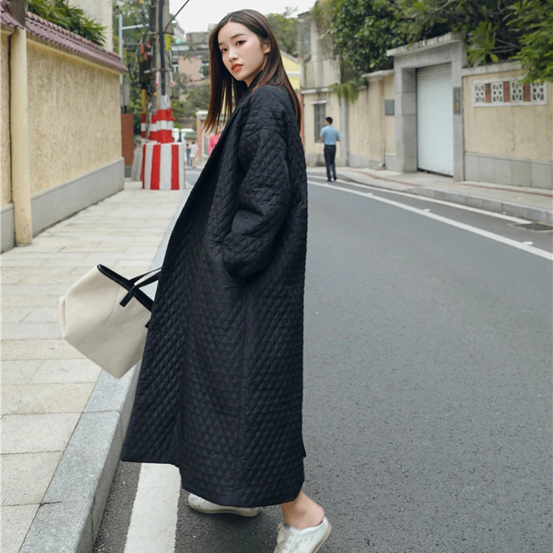 LANMREM New Street Thin Style Black Oversize Lapel Back Vent Button 2024 Female's Long Cotton Coat Jaqueta Feminina WTH1201