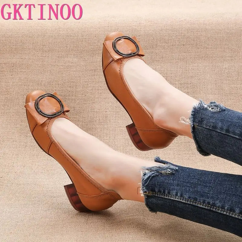 GKTINOO 2024 Genuine Leather Square Toe Pumps Women Shoes Low Heel Shallow Round Buckle Slip-On Leather Casual Shoes For Women