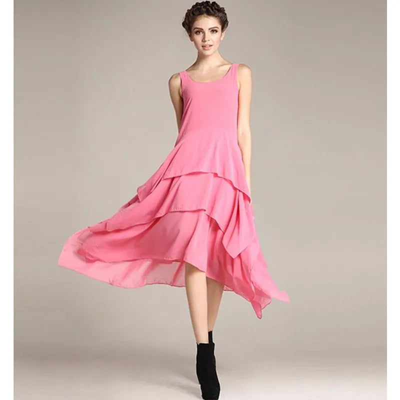 Summer Elegant Irregular Ruffle Long Dress Cute Tank Chiffon Dress