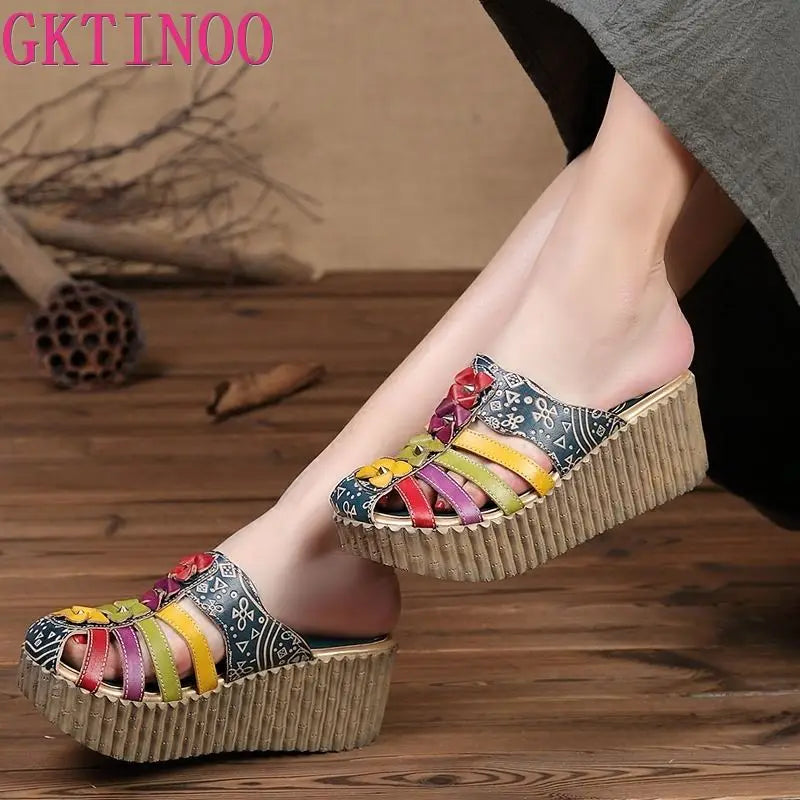 GKTINOO 2024 Summer New Hollow Out Handmade Shoes Women Slides Genuine Leather Cover Toes Flower Female Platform Wedges Slippers