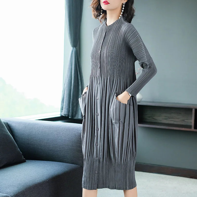 LANMREM 2024 High Quality New Pleated Clothing For Women Long Sleeve Stand Collar Doulble Pockets Loose Dress Vestido YF576