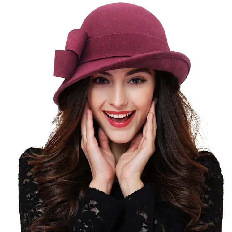 Winter Hat for Women 1920s Gatsby Style Flower Warm Wool Fedora Winter Cap Ladies Church Hats Cloche Bonnet Femme Felt Fedoras