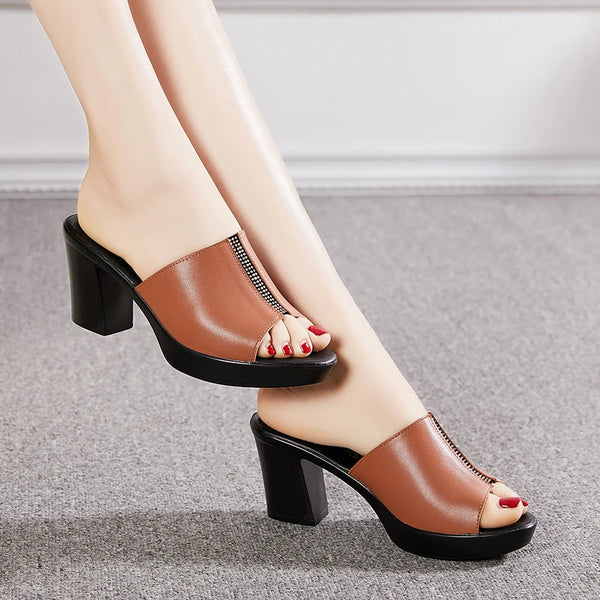 GKTINOO Women Slipper's 2024 Ladies Summer Slippers Shoes Women High Heels Fashion Rhinestone Genuine Leather Summer Shoes