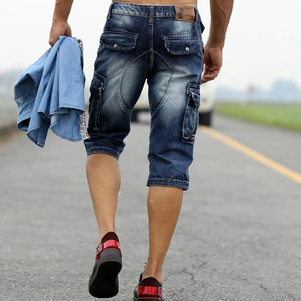 Idopy Casual Men's Cargo Denim Shorts Retro Vintage Washed Slim Fit Jean Multi-Pockets Military Biker Trousers For Male